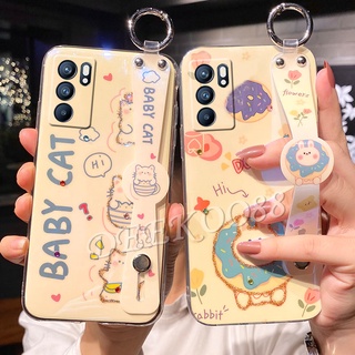 เคสโทรศัพท์ OPPO Reno6 Z Reno 5 6 Pro 5G Casing with Wristband Bracket Fashion Luxury Rhinestone Bling Soft Case Glitter Lovely Cartoon Cat Rabbit White Back Cover เคส ออปโป้ Reno6Z Reno6 5G Case