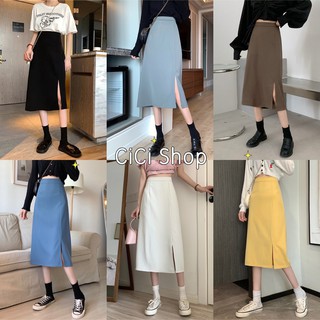 Cicishop(213)กระโปรงเอวสูง เอวสม็อคหลัง+ซิปข้าง ผ่าหน้า สไตล์เกาหลี เนื้อผ้าหยาบหนาแน่นใส่สบาย