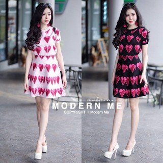 Modernme ชุดเซ็ต 2 ชิ้นงานไหมพรมลายหัวใจ  เสื้อคอกลม แขนสั้น จั้มช่วงเอว มาพร้อมกระโปรงเอวสูงลายเดียว เสื้อผ้าแฟชั่นผู้ห