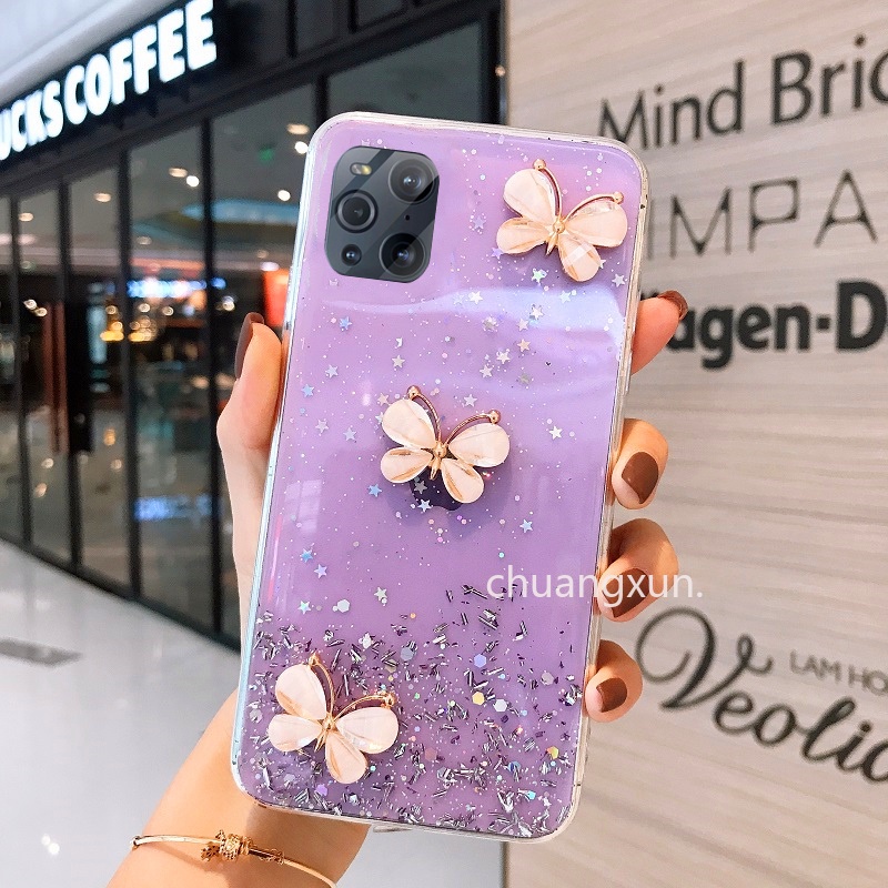 In Stock เคสโทรศัพท OPPO Find X3 Pro Soft Phone Case เคส Star Sequins Glitter Three Dimensional Butterfly TPU Anti-fall Back Cover