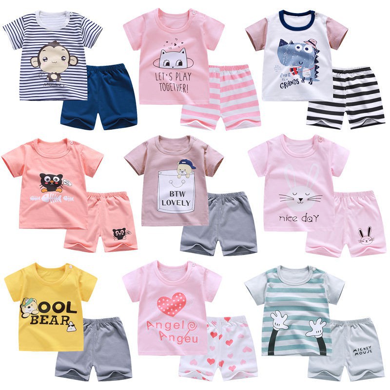 (LOCAL SELLER) Summer Boy Girl Baby Infant 2 Piece Short Sleeve Shirt and Pant Set - Set 1