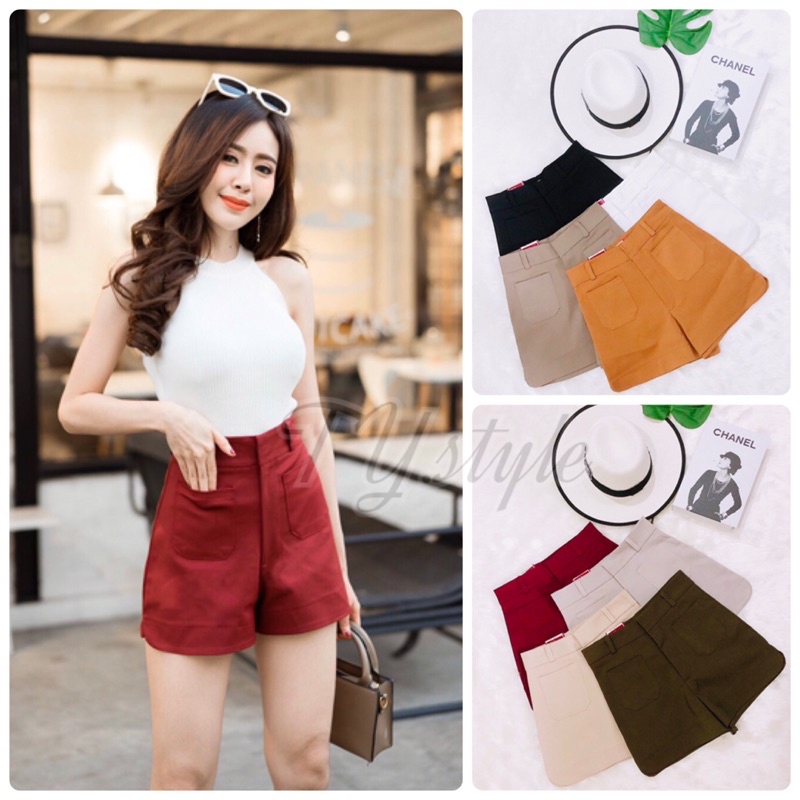 PT closets ♡ กางเกงขาสั้น ผ้าดับเบิ้ลซาติน แต่งกระเป๋าโค้งมน 2 ข้าง #TB010