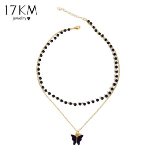 17KM Elegant Pearl Beads Necklace Bracelet for Women Butterfly Pendant Double Gold Clavicle Chain Choker Jewelry Accessories