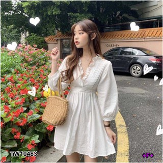 เดรสคอวีไขว้ระบาย + สายผูกเอว TT10483 V-neck ruffled dress + drawstring waist