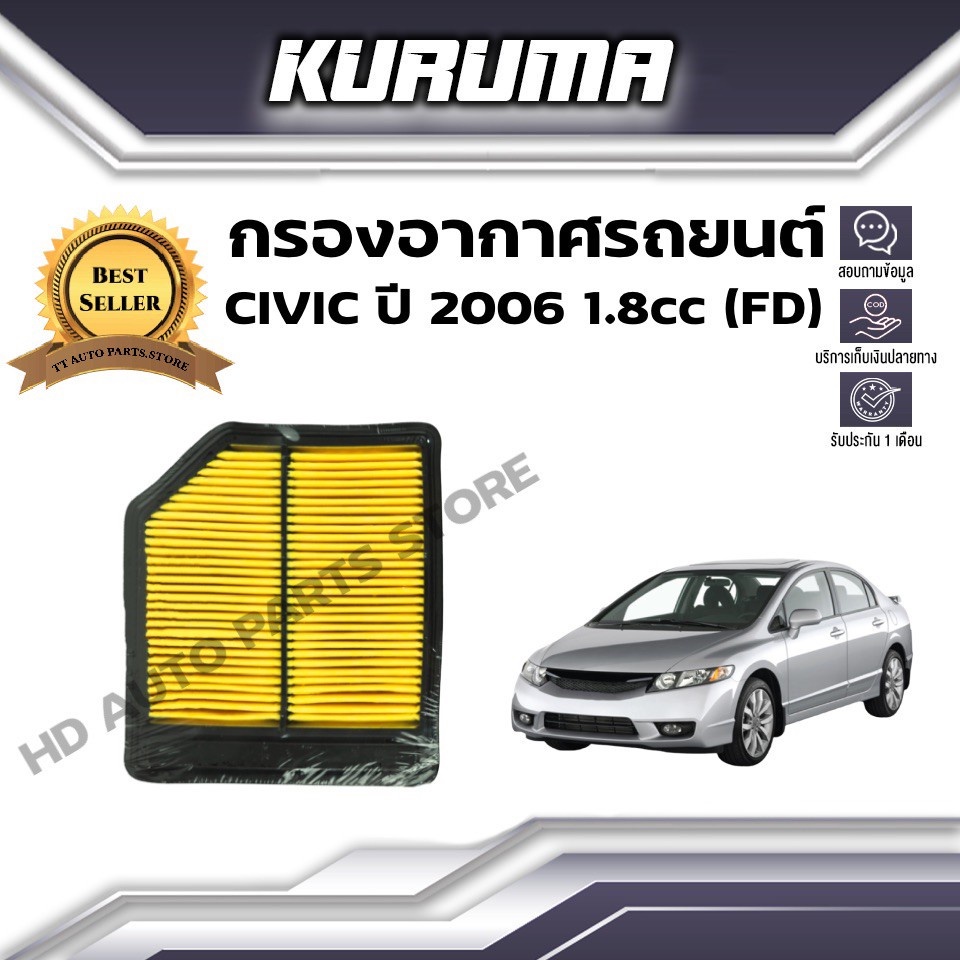 กรองอากาศ KURUMA  กรองอากาศ Honda Civic Fd,  ฮอนด้า ซีวิค เอฟดีปี 2006 ( กรองอากาศรถยนต์)