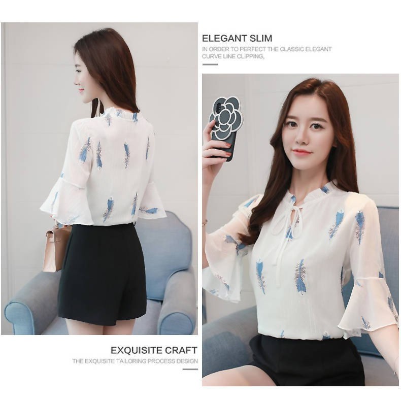 [Ready Stock] Women Bell-Sleeve Flower Chiffon Blouse Korean Style Short Sleeves Loose Shirt #5