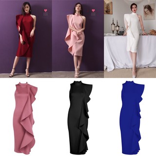 เดรสเข้ารูป ชุดออกงาน แต่งระบาย เรียบหรู mashr - Ruffle side dress - SML XL