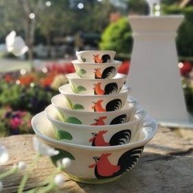 INDRA CERAMIC เซรามิกเข้าไมโครเวฟได้ ชุดชามตราไก่ แพ็ค 6 ชิ้น 6 ขนาด ลายไก่ลำปาง​