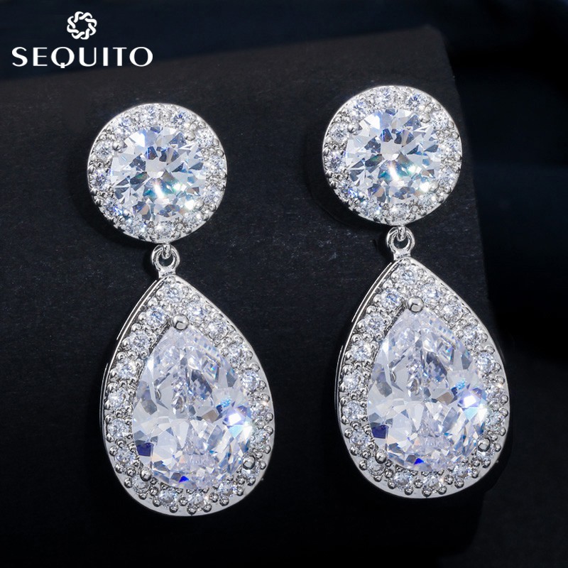 คุณภาพดี AAA Cubic Zirconia คริสตัล Drop ต่างหูสําหรับผู้หญิงสวยงานแต่งงานสีขาวเครื่องประดับชุบทองSequitoE104