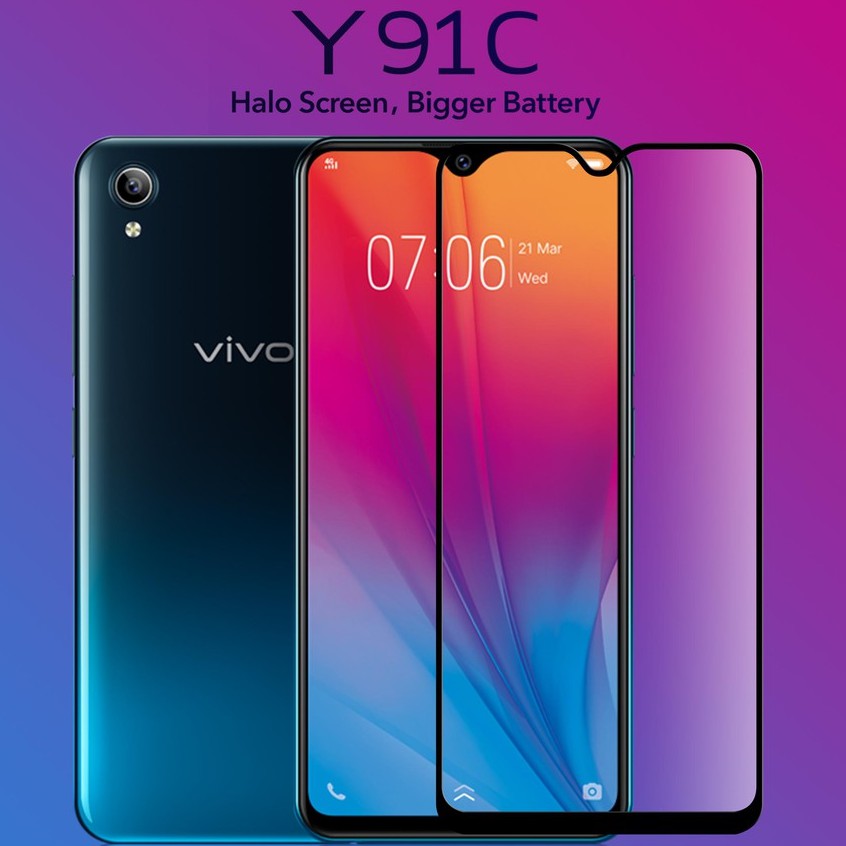 ฟิล์มกระจก นิรภัย เต็มจอ กาวเต็มแผ่น วีโว่91ซี สีดำ  Full Glue Tempered Glass Screen For Vivo Y91C (