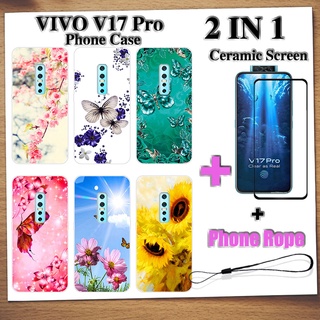 2 IN 1 เคสโทรศัพท์ VIVO V17 Pro พร้อมกระจกนิรภัยกันรอยหน้าจอเซรามิค ฟิล์มโค้ง ผีเสื้อ