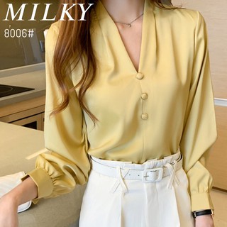 เสื้อเชิ้ตราคาถูกที่สุด เสื้อเชิ้ตชีฟองเสื้อทำงานผู้หญิงแฟชั่นเกาหลีเสื้อแขนยาวเสื้อเชิ้ต😱Ⓜ👍(Milky brand)8006#