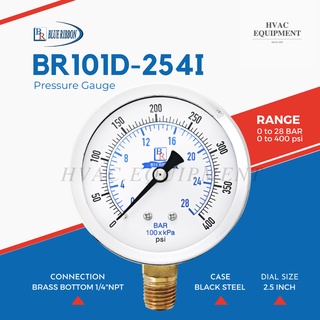 BR101D หน้าปัด 2.5 นิ้ว หน่วย bar และ psi เกลียวออกล่าง 1/4"NPT Pressure Gauge เกจวัดแรงดันแบบแห้ง ยี่ห้อ Blue Ribbon