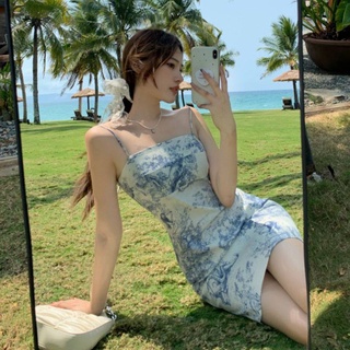 🏖ชุดเดรสกระโปรง เดรสสายเดี่ยวทรงเอ พิมพ์ลายหรูหรา ใส่เเล้วดูเพรียวบาง🏖 #DS045