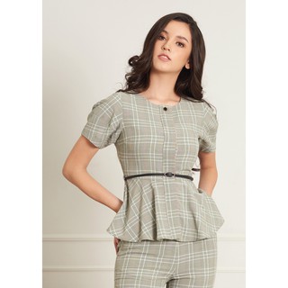 Lady Plus เสื้อแขนพองลายตารางมีเข็มขัด | Puff Sleeve Peplum Blouse with Belt