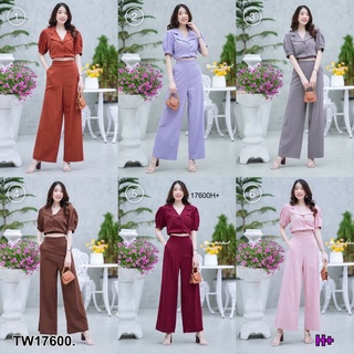 Set 2 ชิ้น เสื้อครอป ปกฮาวาย แขนพองชายจั้ม กระดุมหน้า + กางเกงขาปลายขาบาน ยางยืดหลัง กระเป๋าข้าง AP17600