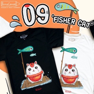 T-shirt 🔥 Fisher Cat on Black T-shirt เสื้อยืดสีดำคุณภาพ premium cotton100 comp  เสื้อยืดพรีเมี่ยม ลายแมวตกปลา 🔥 S-5XL