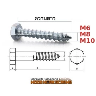 [6-10ตัว] น๊อตหัวหกเหลี่ยมขันไม้ M6 M8 เกลียวหยาบ งานไม้ ปลายแหลม เสา คาน บันได งานหนัก [6-10pcs]. Hex Head Lag Screw