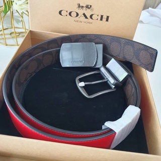 COACH C6812 BOXED PLAQUE AND HARNESS BUCKLE CUT TO SIZE REVERSIBLE BELT ✔เซ็ทเข็มขัดชาย มี 2หัวเข็มขัดสลับใช้งานได้