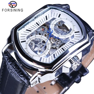 Forsining Retro Classic White Dial Blue Hands Transparent Automatic Skeleton Wristwatch Mens Mechanical Watches Top Bran