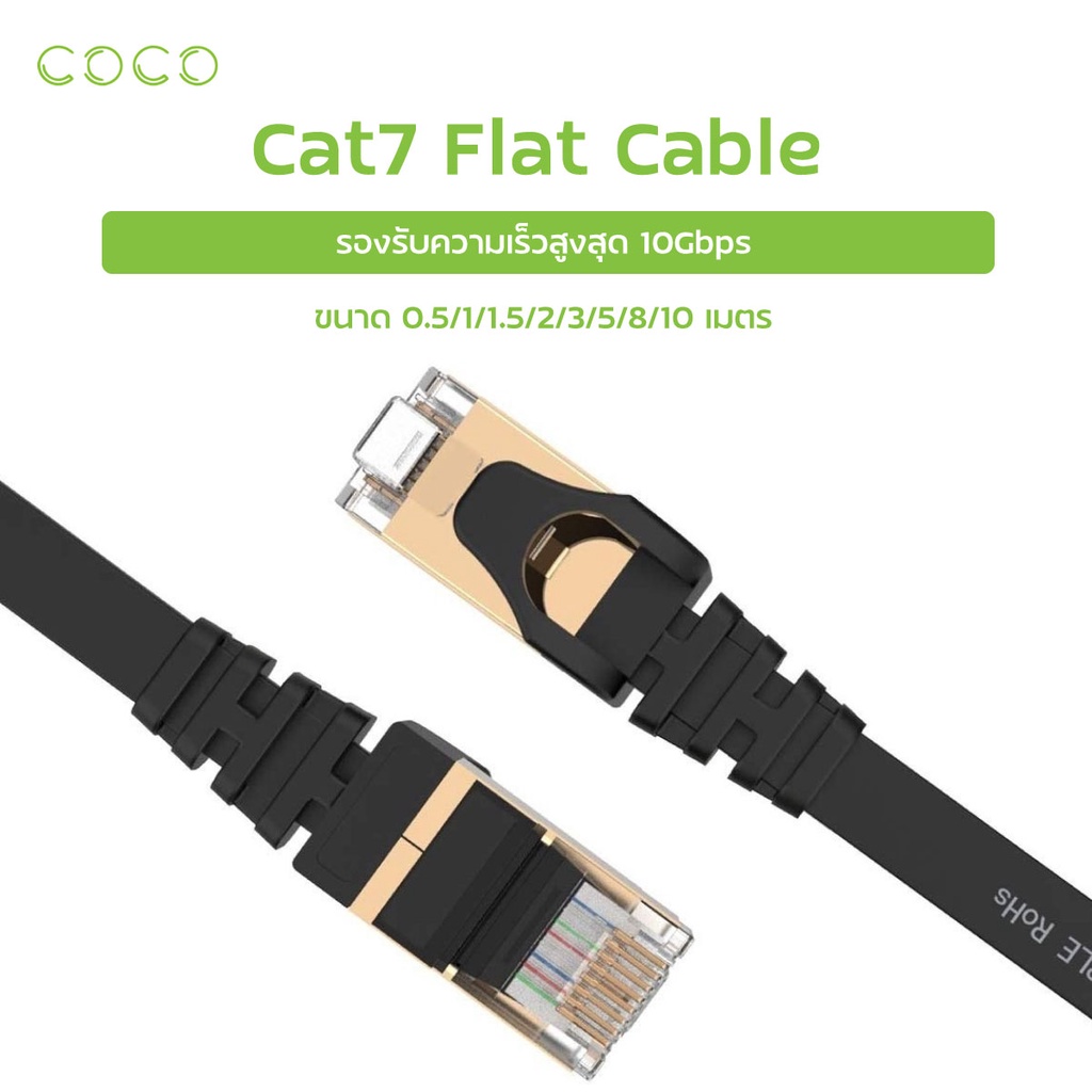 สายแลน CAT7 สายแบน FLAT/FTP สายต่อเน็ต LAN Cable CAT 7  แบบแบน ขนาด  0.5m/1m/2m/3m/5m/8m/10m / COCO-PHONE
