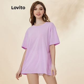 【พร้อมส่ง】Lovito เสื้อยืดลำลองโอเวอร์ไซซ์ คอกลม แขนสั้น L19D410 (สีม่วง)