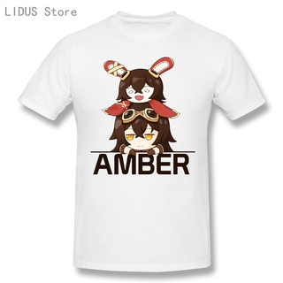 Genshin Impact เสื้อยืดลําลอง แขนสั้น คอกลม พิมพ์ลาย Amber Chibi สีขาว แฟชั่นสําหรับผู้ชาย คู่รัก