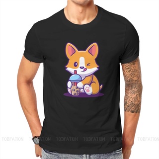 เสื้อยืดคอกลม ผ้าฝ้าย พิมพ์ลายกราฟฟิคชานม Boba Corgi สไตล์คลาสิก สตรีท พลัสไซซ์ สําหรับผู้ชาย