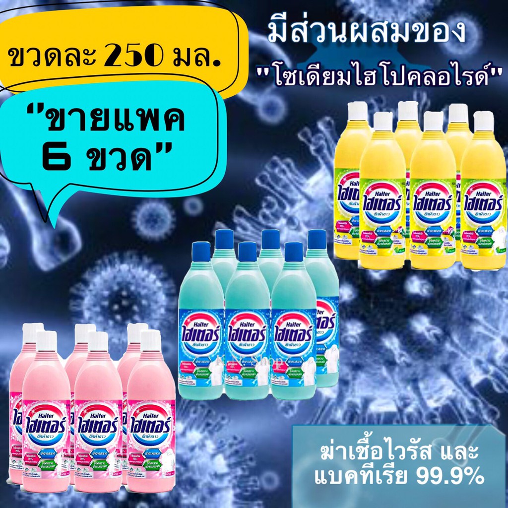 (แพค 6 ขวดสุดคุ้ม) ไฮเตอร์ น้ำยาซักผ้าขาว ขนาด 250 มล