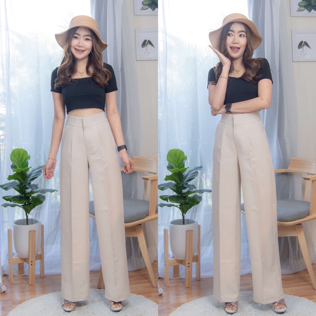 กางเกงผู้หญิง ขากระบอกกลาง เอวสูง ขอบเอวเรียบ ( สีครีม )