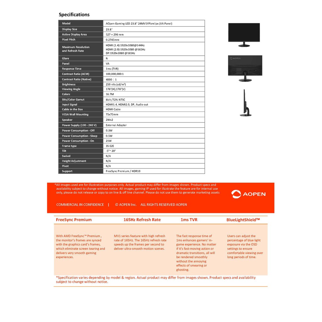Aopen Monitor 23.8 24MV1YPbmiipx VA Panel (FHDHDMIDPSPK) OC 165Hz ...
