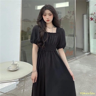 พร้อมส่ง📣ใหม่ เดรสคอเหลี่ยมสีดำยืดหยุ่น สวิง Drape Long Dress