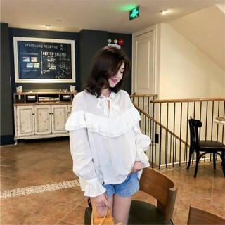 {มีรูปสินค้าจริง} พร้อมส่ง เสื้อเชิ้ตoversize แขนยาวเย็บแต่งระบาย2ชั้น ผูกโบว์ ผ้าไหมอิตาลี