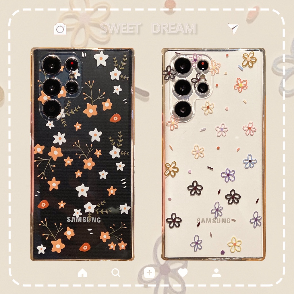 เต็มจอ ดอกไม้เล็ก เคส Samsung Galaxy S24 Ultra S24FE S23FE S23 Ultra S22 Ultra S21 S23 S24 Plus + S21FE Case ใหม่ ขอบตรง ด้านข้าง ลวดลาย เอียง กันตก นุ่ม คู่รัก เคส
