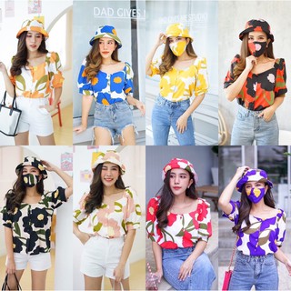 เซตแขนสั้นลายดอก (เสื้อ+หมวก+หน้ากาก)