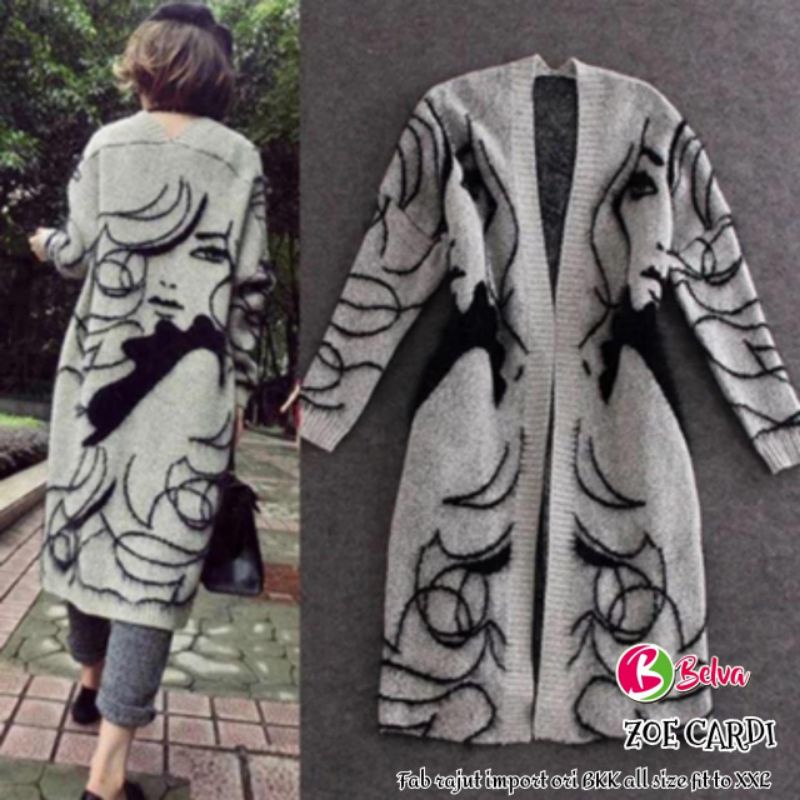 ZOE CARDI BY BELVA LONG CARDIGAN/IMPORTED KNIT SWETER WITH THICK MOTIF