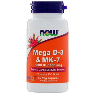 Now Foods, Mega D-3 &amp; MK-7, 5000 IU / 180 mcg, 60 Veg Capsules