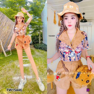 TwinsShopVip💗พร้อมส่ง TW15446 Set 2 ชิ้น เสื้อครอปแขนสั้นคอปกพิมลายหมี+กางเกงลูกฟูกขาสั้นปักหมี