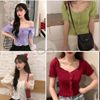 💗พร้อมส่ง🌸 เสื้อครอปเปิดไหล่ ครอปแขนจั๊ม เสื้อครอปสีพื้น ครอปสีพาสเทล แฟชั่นสุดน่ารัก