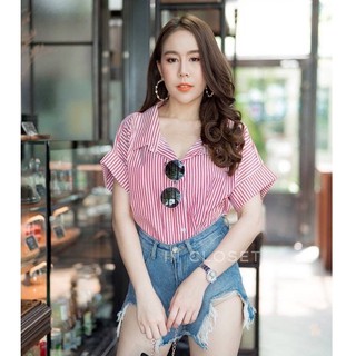 เสื้อเชิ้ต lll Freesize lll  TUM037 เชิ้ตแขนสั้น กระดุมหน้า กระดุมหลัง ลายทาง ผ้าสลาฟริ้ว ผ้าดี ใส่สบาย