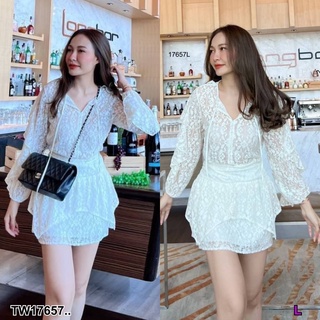 MF17657  Set 2 ชิ้น เสื้อ ลูกไม้ แขนแต่งระบาย เสื้อไม่มีซับใน เน้นออกแบบให้มีความเซ็กซีเบาๆ คำแนะนำ ใส่เสื้อในเกาะอกสีคร