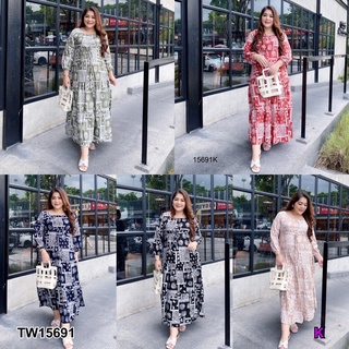 J15691 Dress เดรส #Bigsize แขนยาวรูดเอวพิมลาย #Bigsize dress, long sleeves, drawstring waist, printed pattern