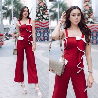 B15849 จั๊มสูทขายาวแขนกุดแต่งระบายยาว Long sleeveless jumpsuit with ruffle detail