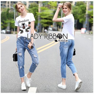 ⚡️โล๊ะล้างสต๊อก⚡️เซ็ตเสื้อยืดสีขาวปักลายและกางเกงยีนส์ขายาว ป้าย Lady Ribbon