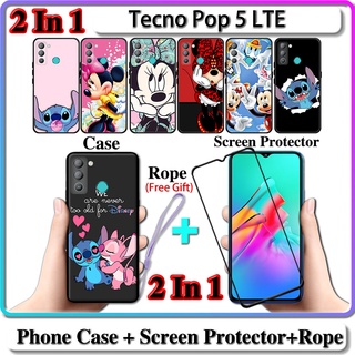 2 IN 1 เคส Tecno Pop 5 LTE เคส พร้อมกระจกนิรภัยโค้ง ป้องกันหน้าจอเซรามิค Stich และ Minnie