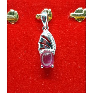 จี้ ทับทิม ( Ruby ) พลอยแท้ ทรงหลังเบี้ย ตัวเรือนเงินแท้ 925 ชุบทองคำขาว