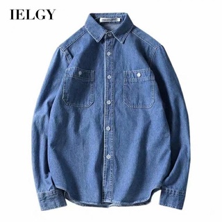 Ielgy เสื้อเชิ้ตยีน แขนยาว แบบบาง สีฟ้า สําหรับผู้ชาย
