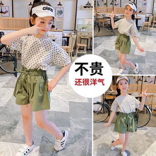 (พร้อมส่ง)  ชุดเด็กโตราคาส่ง เสื้อลายจุด+ กางเกงขาสั้นเขียวน่ารักมาก