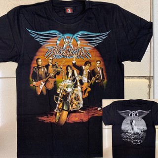 เสื้อยืดโอเวอร์ไซส์เสื้อยืดแขนสั้น rock band aerosmith สีดําS-3XL