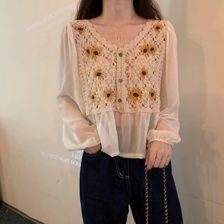 Cicishop(พร้อมส่ง)NEW IN เสื้อครอปผ้าถักงานปักดอกทานตะวันชายเสื้อซีทรูตะมุตะมิน่ารักมากๆ(A19/A199)